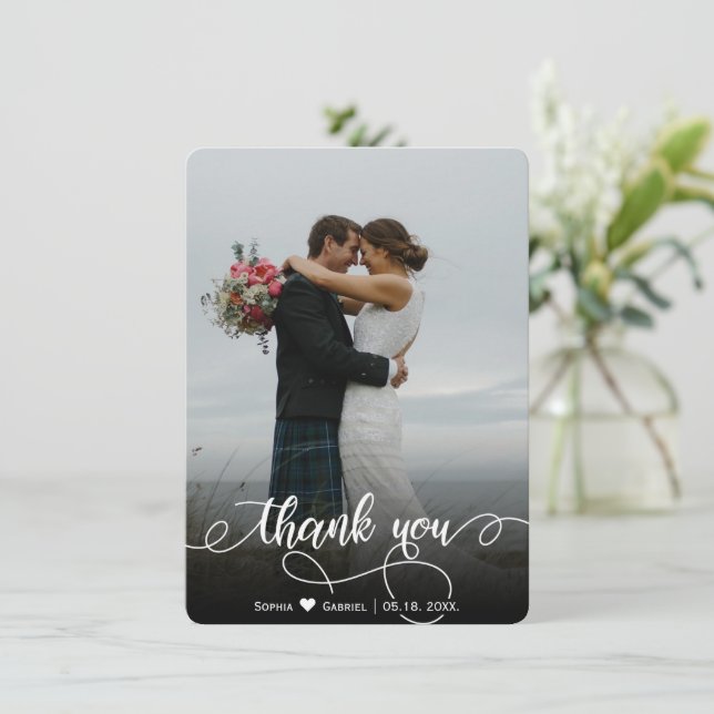 Modern Hand Lettered Wedding Photo Thank You Card (Standing Front)