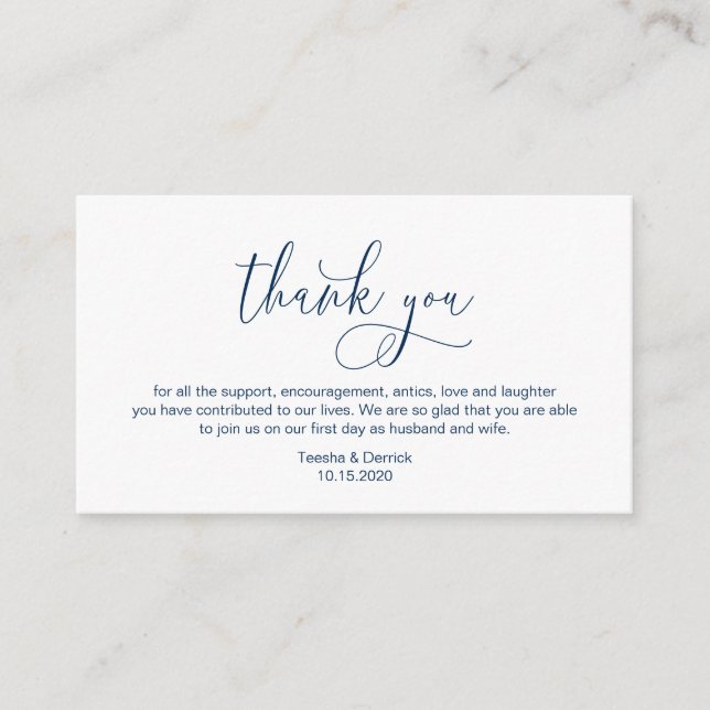 Modern hand Navy Blue ink script Wedding Thank you Enclosure Card (Front)