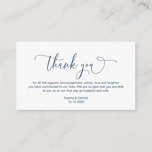 Modern hand Navy ink script, Wedding Thank you Enclosure Card (Front)