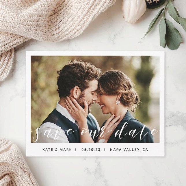 Modern Hand Script Photo Wedding Save our Date Postcard (Creator Uploaded)
