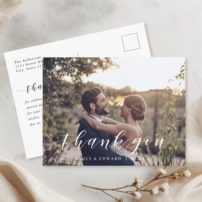 Modern Hand Script Photo Wedding Thank You Postcard (Creator Uploaded)