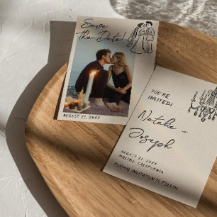 Modern Hand Written Drawn Couple Wedding Fun Photo Save The Date