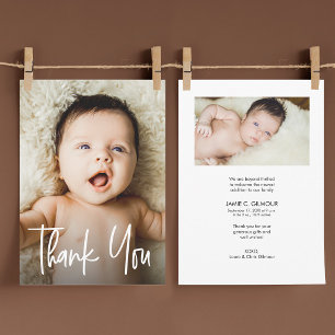 Modern Handlettering 2 Baby Photos Thank you Card