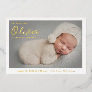 Modern Handlettering Baby Boy Name Custom Photo Foil Holiday Card