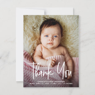 Modern Handlettering Baby Girl Photo Birth stats  Thank You Card