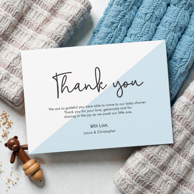 Modern Handlettering Baby Shower Blue thank you Invitation (Modern script handlettering thank you with custom message. Baby boy  blue shower thank you cards.)