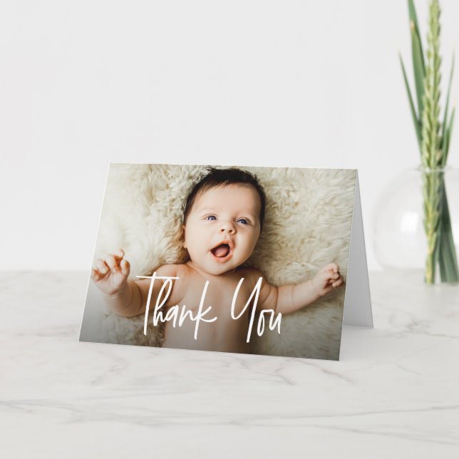 Modern Handlettering script Horizontal Baby Photo  Thank You Card (Front)