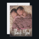 Modern Handlettering Twins Photo Baby Shower  Thank You Card<br><div class="desc">Easily personalize this thank you card and announce the birth of your twin babies at the same time. Customize with your own photo, greeting, baby names, stats and sign off. A beautiful keepsake and thoughtful card, modern design Script Typography for the word "thank you" on the front. Vertical format card....</div>