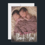 Modern Handlettering Twins Photo Baby Shower  Thank You Card<br><div class="desc">Easily personalize this thank you card and announce the birth of your twin babies at the same time. Customize with your own photo, greeting, baby names, stats and sign off. A beautiful keepsake and thoughtful card, modern design Script Typography for the word "thank you" on the front. Vertical format card....</div>