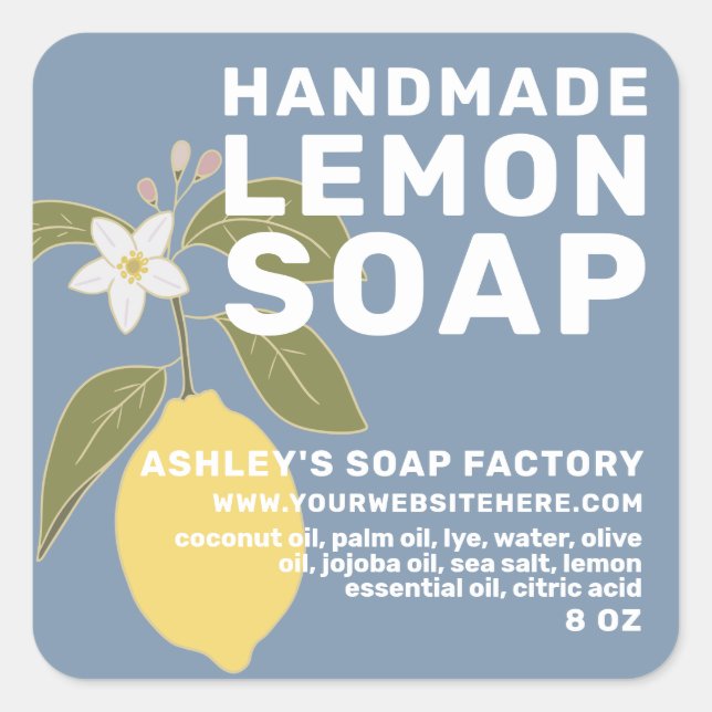 Modern Handmade Lemon Soap Botanical Blue Square Sticker (Front)