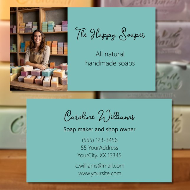 Modern handmade soap shop soaper blue-green business card (Creator Uploaded)