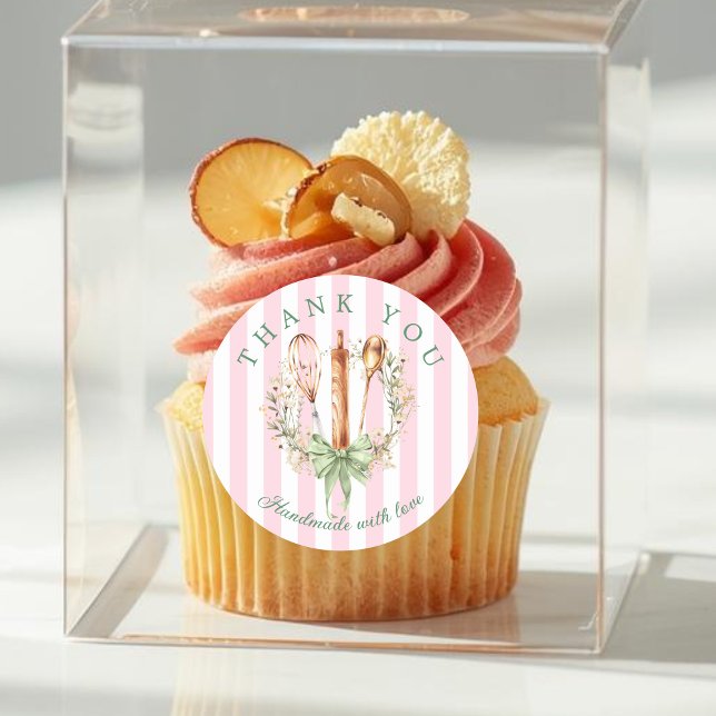 Modern Handmade With Love Bakery Utensils Classic Round Sticker (Utensils Cooking Bakery Thank you sticker)