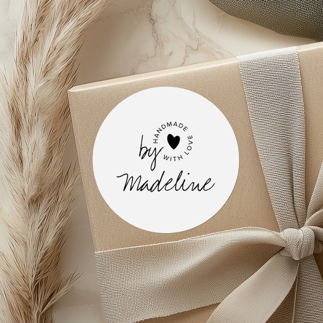 Modern Handmade with Love Script Heart Classic Round Sticker (Creator Uploaded)