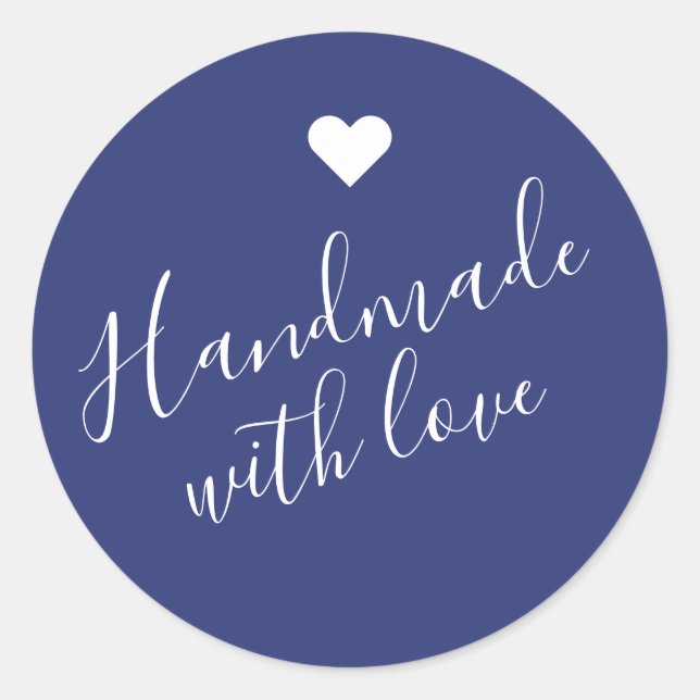 Modern handmade with love script navy blue heart classic round sticker (Front)