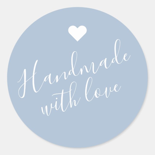 Modern handmade with love script pastel blue heart classic round sticker (Front)