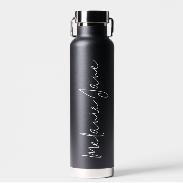 Modern Handwriting Black Wedding Water Bottle Gift (Front)