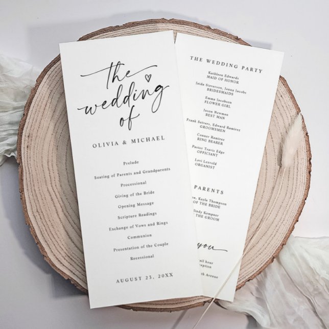 Modern Handwriting Black & White Wedding Ceremony Program (Modern black and white wedding program with elegant script, heart, and ceremony details.)