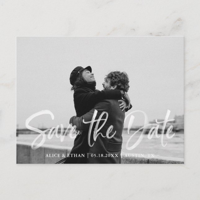Modern Handwriting Brush White Save The Date Photo Announcement Postcard (Front)