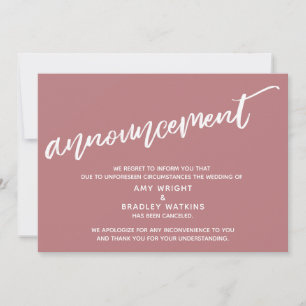 Modern Handwriting Cancelled Wedding Dusty Rose Invitation
