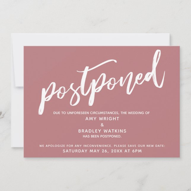 Modern Handwriting Postponed Wedding Dusty Rose Invitation (Front)