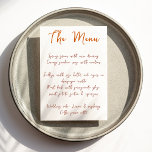 Modern Handwriting Script Orange Wedding Menu<br><div class="desc">This casual and modern wedding menu with a font that mimics handwriting is perfect for a summer wedding, fall wedding, casual wedding or any other celebration where you would like to use custom menu cards. This menu template features a burnt orange background on the back of the card- all colours...</div>