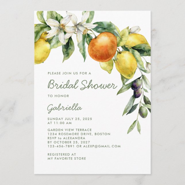 Modern Handwritte Script Citrus Bridal Shower Invitation (Front)