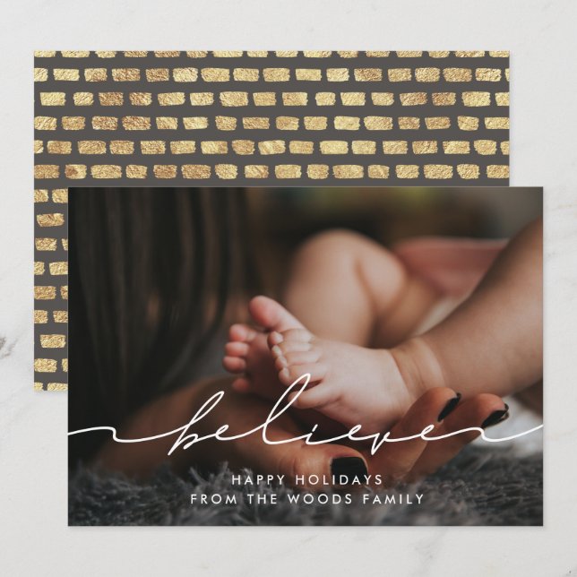 Modern Handwritten Believe Inspirational Photo Holiday Card (Front/Back)