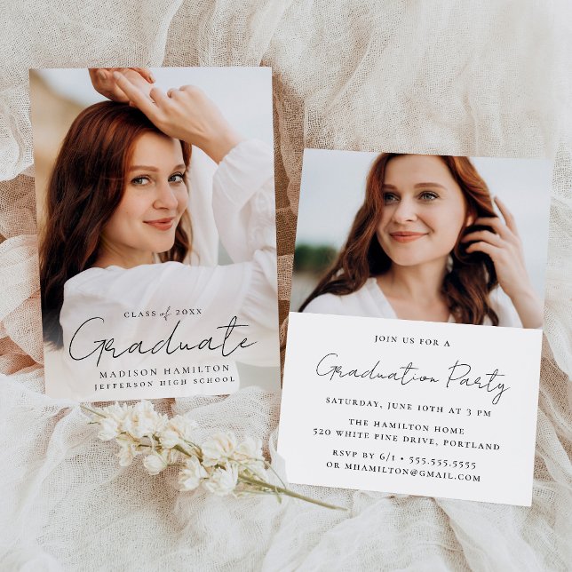 Modern Handwritten Black Script 2 Photo Graduation Invitation (Creator Uploaded)