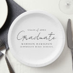 Modern Handwritten Black Script Graduation Paper Plate<br><div class="desc">Elevate your graduation party decor with our stylish graduation paper plates! Featuring a chic handwritten black script and white background, these paper plates add a touch of sophistication to your celebration. Personalize them with the graduate's name, graduation year, and school name. Whether you're serving snacks or drinks, these plates are...</div>