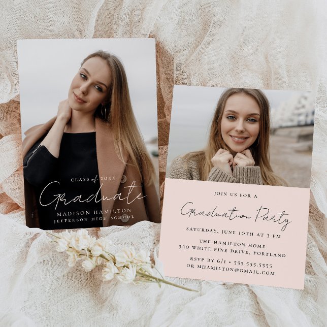 Modern Handwritten Blush Script 2 Photo Graduation Invitation (Creator Uploaded)