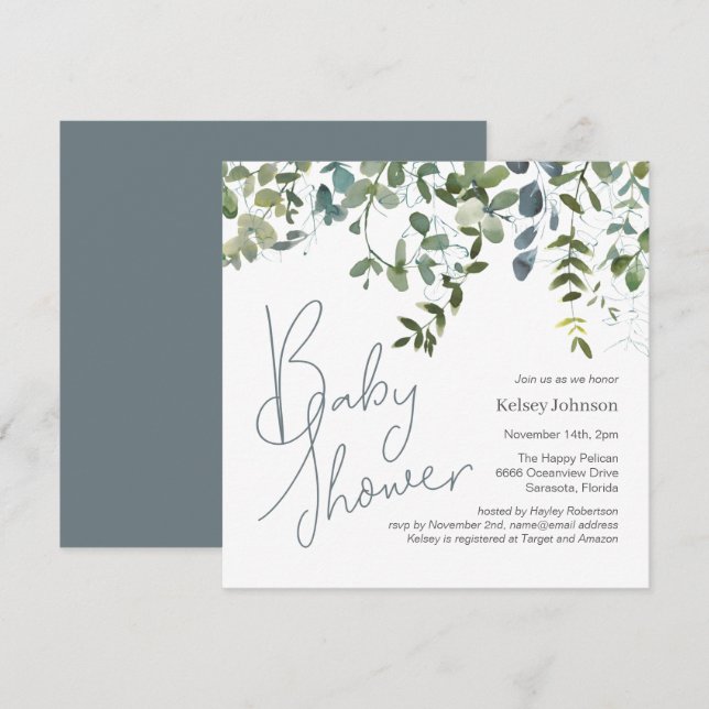 Modern Handwritten Eucalyptus Greenery Baby Shower Invitation (Front/Back)