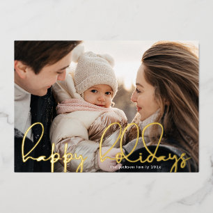 modern Handwritten gold "happy holidays" photo Foil Holiday Card