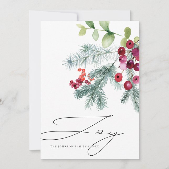 Modern Handwritten Joy Winter Greenery Photo Holiday Card (Front)
