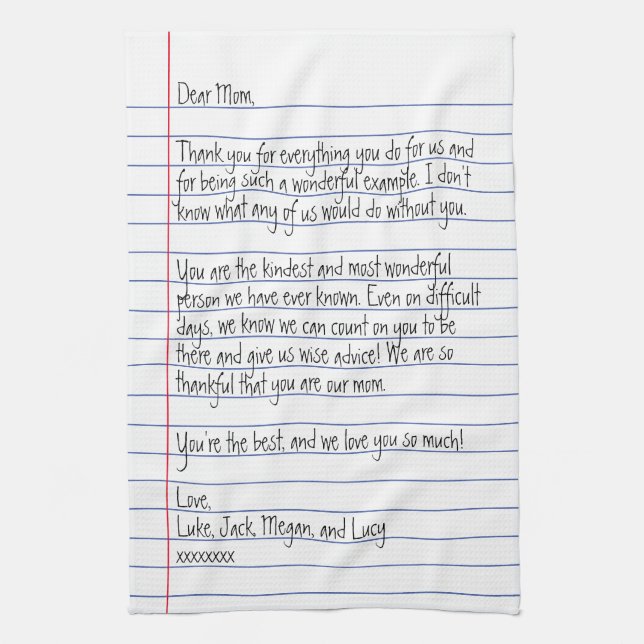 Modern Handwritten Letter on Lined Paper for Mom Kitchen Towel (Vertical)