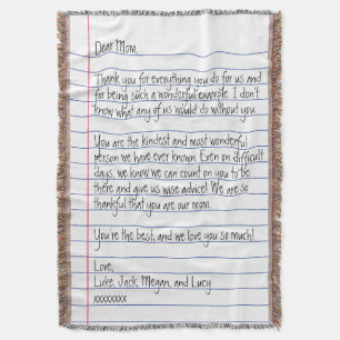 Modern Handwritten Letter on Lined Paper for Mom Throw Blanket