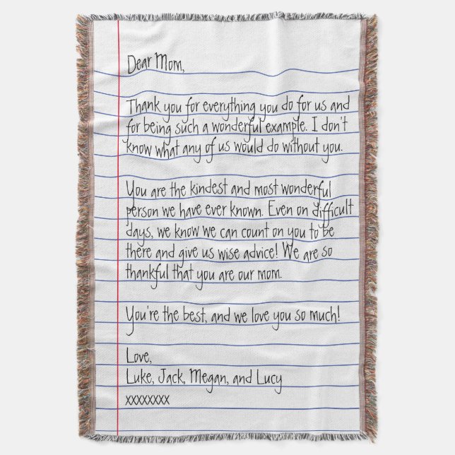 Modern Handwritten Letter on Lined Paper for Mom Throw Blanket (Front Vertical)