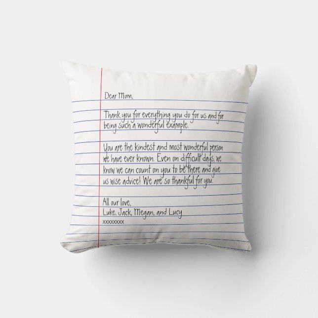 Modern Handwritten Letter on Lined Paper for Mom Throw Pillow (Front)