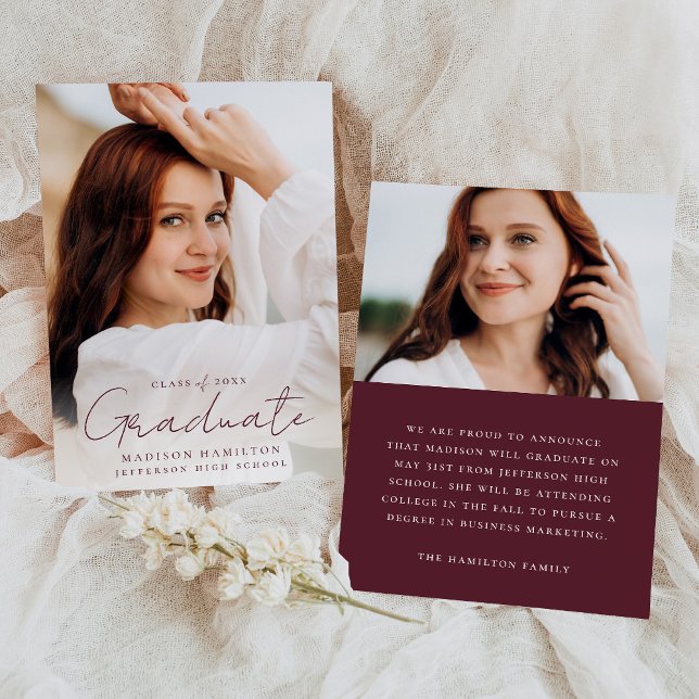 Modern Handwritten Maroon Script Photo Graduation Announcement (Creator Uploaded)