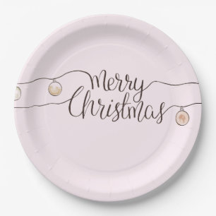 Modern Handwritten Merry Christmas String Of Light Paper Plate