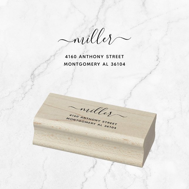 Modern Handwritten Name 08d Return Address Wooden Rubber Stamp (Modern typography wooden return address stamp, custom name in a modern calligraphy font with swashes)