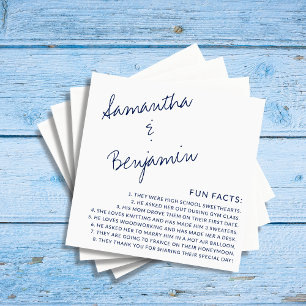 Modern Handwritten Navy Blue Fun Facts Wedding Napkin