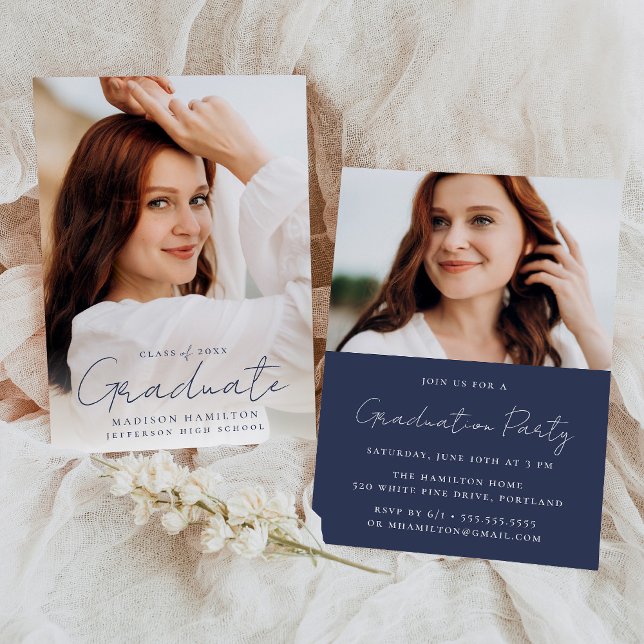 Modern Handwritten Navy Script 2 Photo Graduation Invitation (Creator Uploaded)