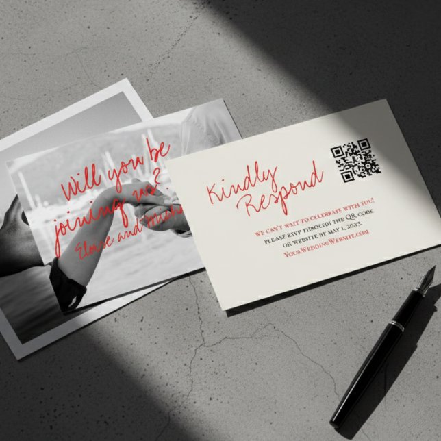 Modern Handwritten Photo Wedding Response Card (Modern Red Script Photo Wedding RSVP)