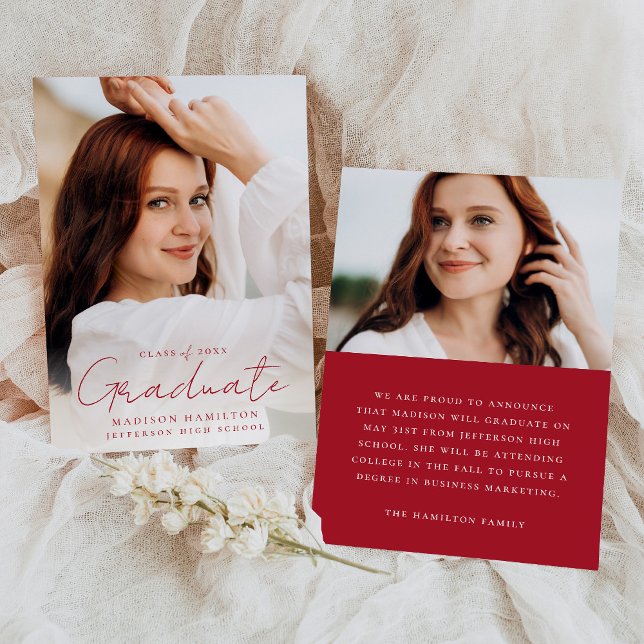 Modern Handwritten Red Script 2 Photo Graduation Announcement (Creator Uploaded)