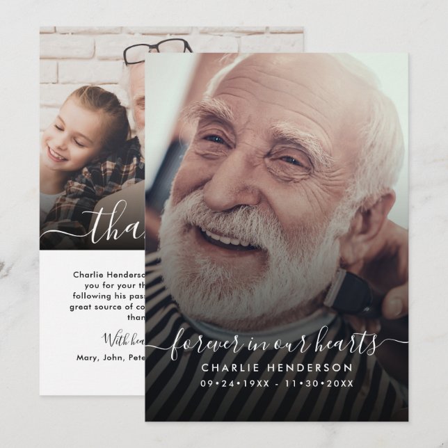 Modern Handwritten Script 2-Photo Funeral/Death Thank You Card (Front/Back)