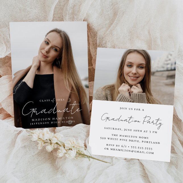 Modern Handwritten Script 2 Photo Graduation Invitation (Creator Uploaded)
