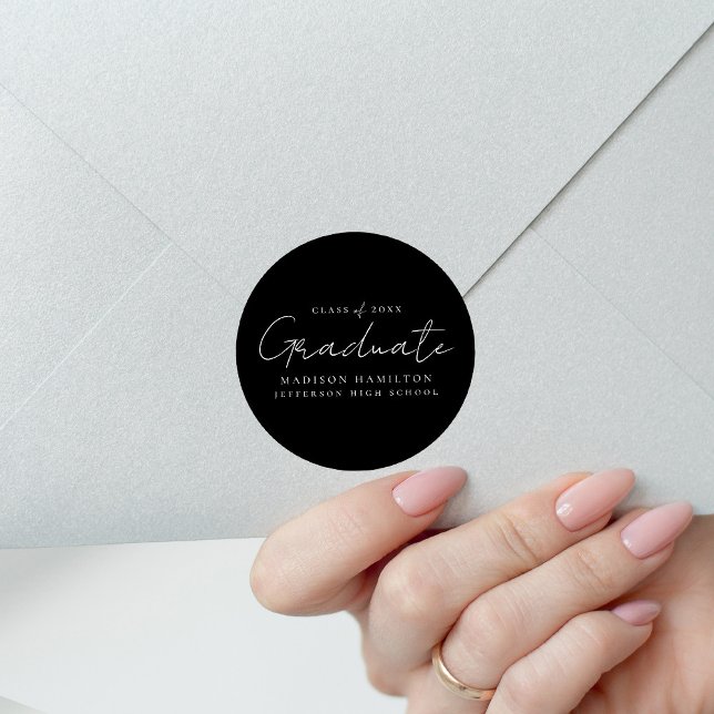 Modern Handwritten Script Black Graduation Classic Round Sticker (Creator Uploaded)