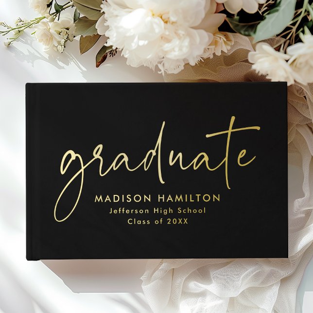 Modern Handwritten Script Black Photo Graduation Guest Book (Creator Uploaded)