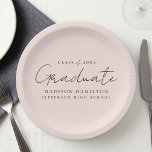 Modern Handwritten Script Blush Graduation Paper Plate<br><div class="desc">Elevate your graduation party decor with our stylish graduation paper plates! Featuring a chic handwritten black script and blush background, these paper plates add a touch of sophistication to your celebration. Personalize them with the graduate's name, graduation year, and school name. Whether you're serving snacks or drinks, these plates are...</div>