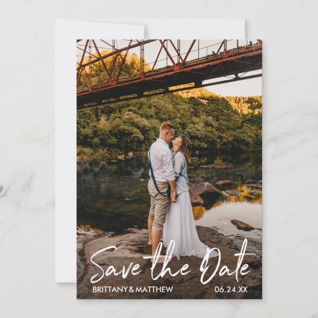 Modern Handwritten Script Couple Photo Save The Date (Front)